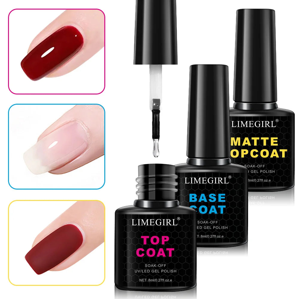 LIMEGIRL 8ml Soak Off Matte Top Base Coat | UV Gel Nail Polish for Manicure
