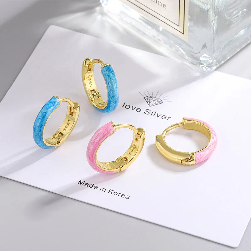 925 Sterling Silver Enamel Pink Blue Stud Earrings for Women | Luxury Piercing Jewelry