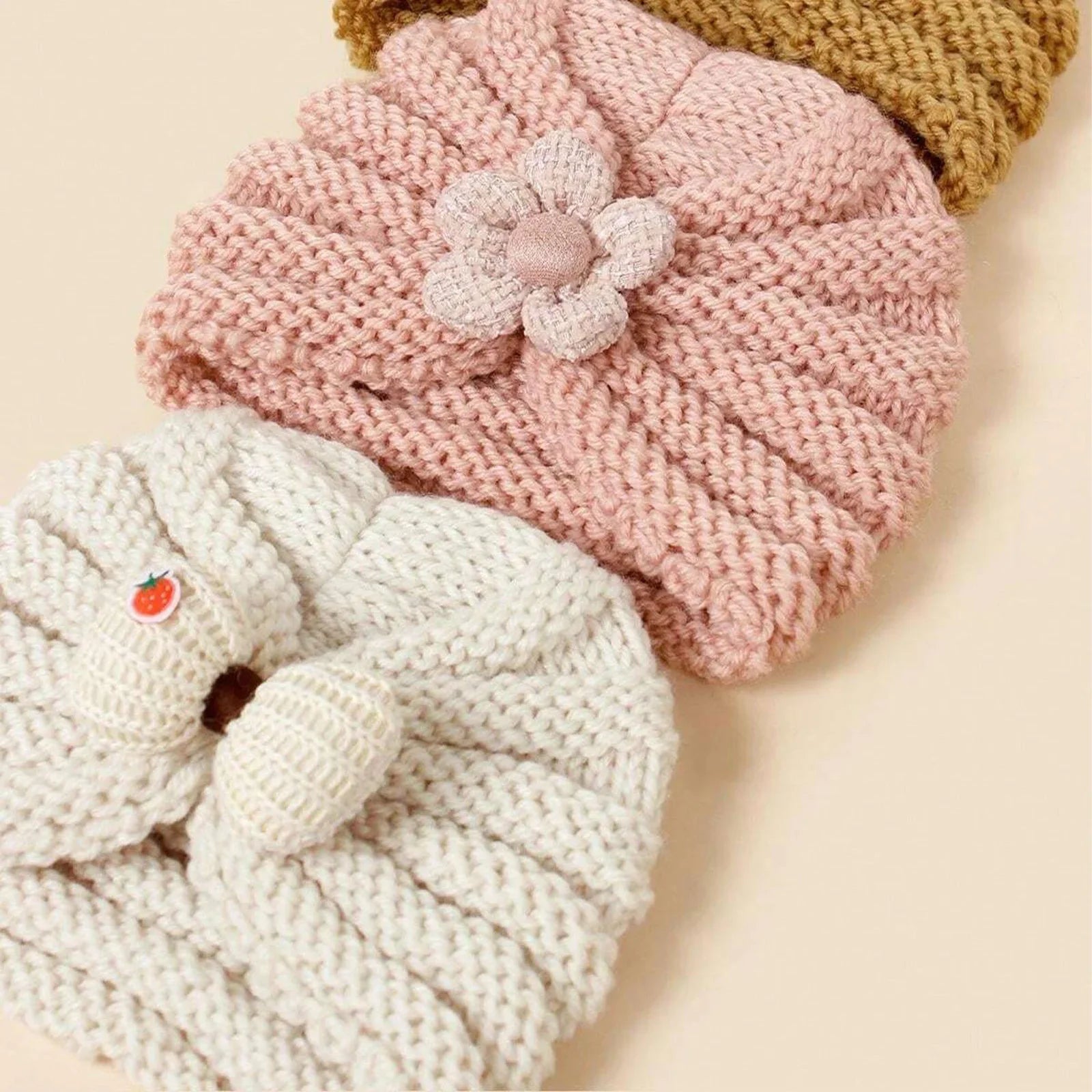 Baby Crochet Turban Hat with Flower Decor | Winter Warm Knit Headwrap for Infant Girls