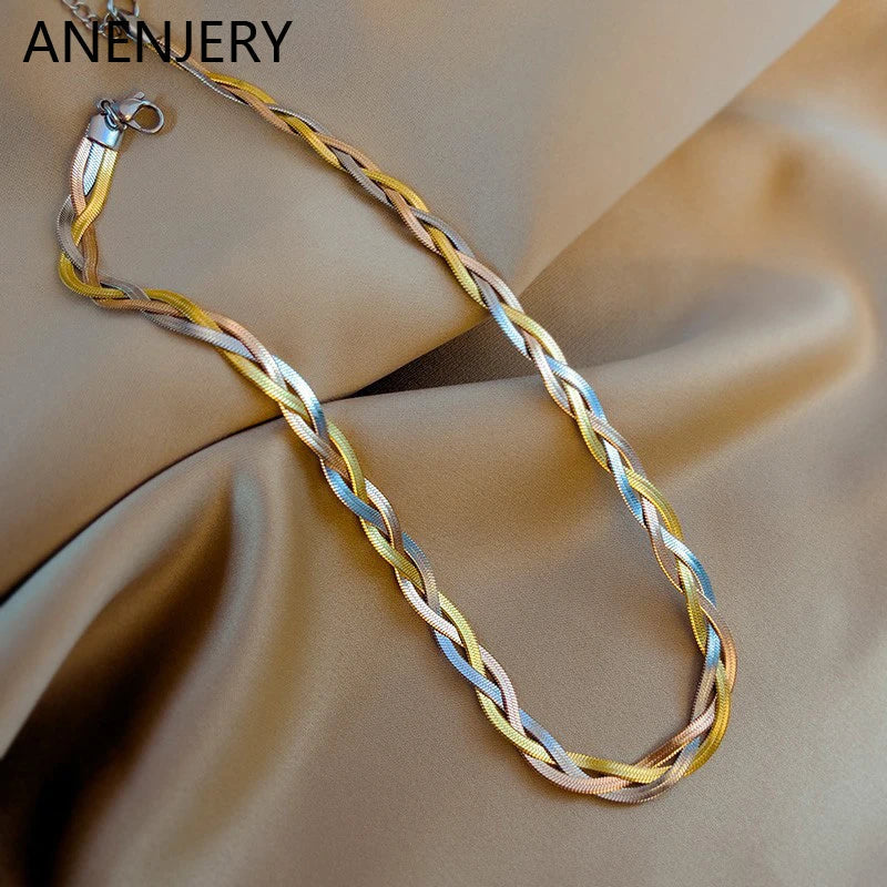 Tricolor Hand Braided Stainless Steel Necklace | Cuban Chain Jewelry for Women