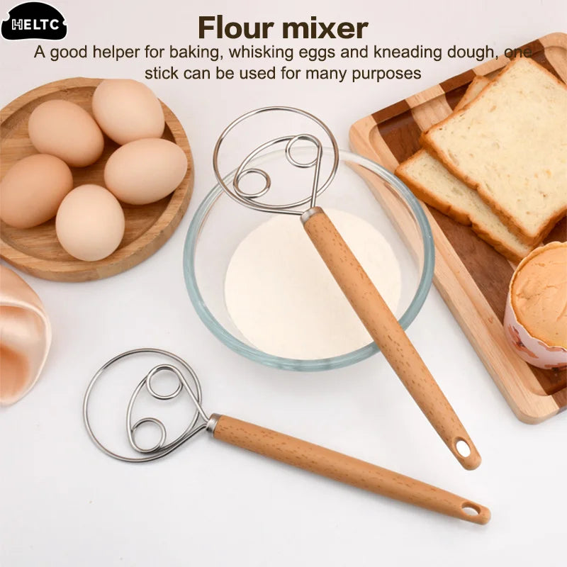 1PCS 10 Inch Creative Hand Blender DIY Danish Bread Stainless Steel Bakeware Dough Whisk Egg Beater Mixer Tool Wood Handle