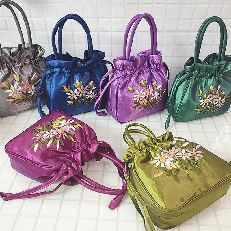 Small Embroidered Flower Bucket Bag | Women's Top Handle Drawstring Purse
