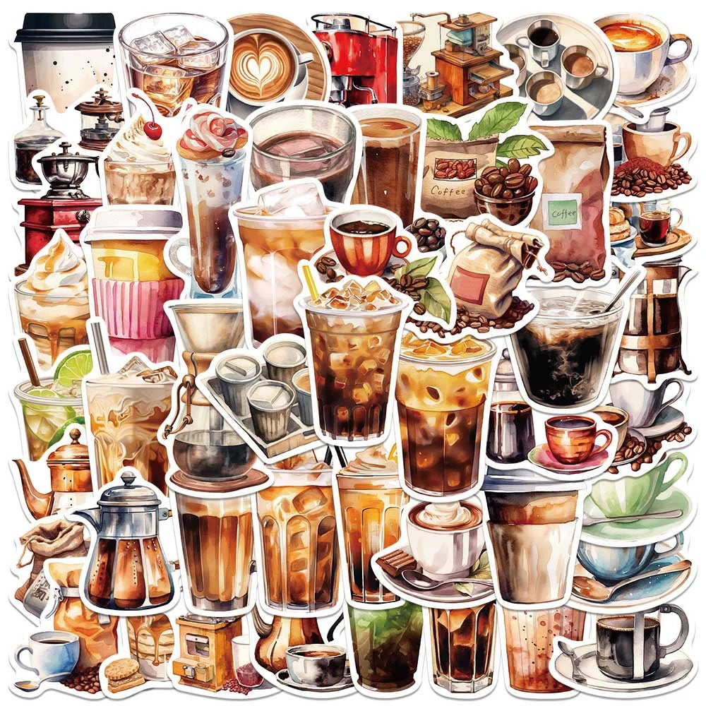50 Cartoon Coffee Themed Stickers | Waterproof Decals for Laptops Helmets and Gear