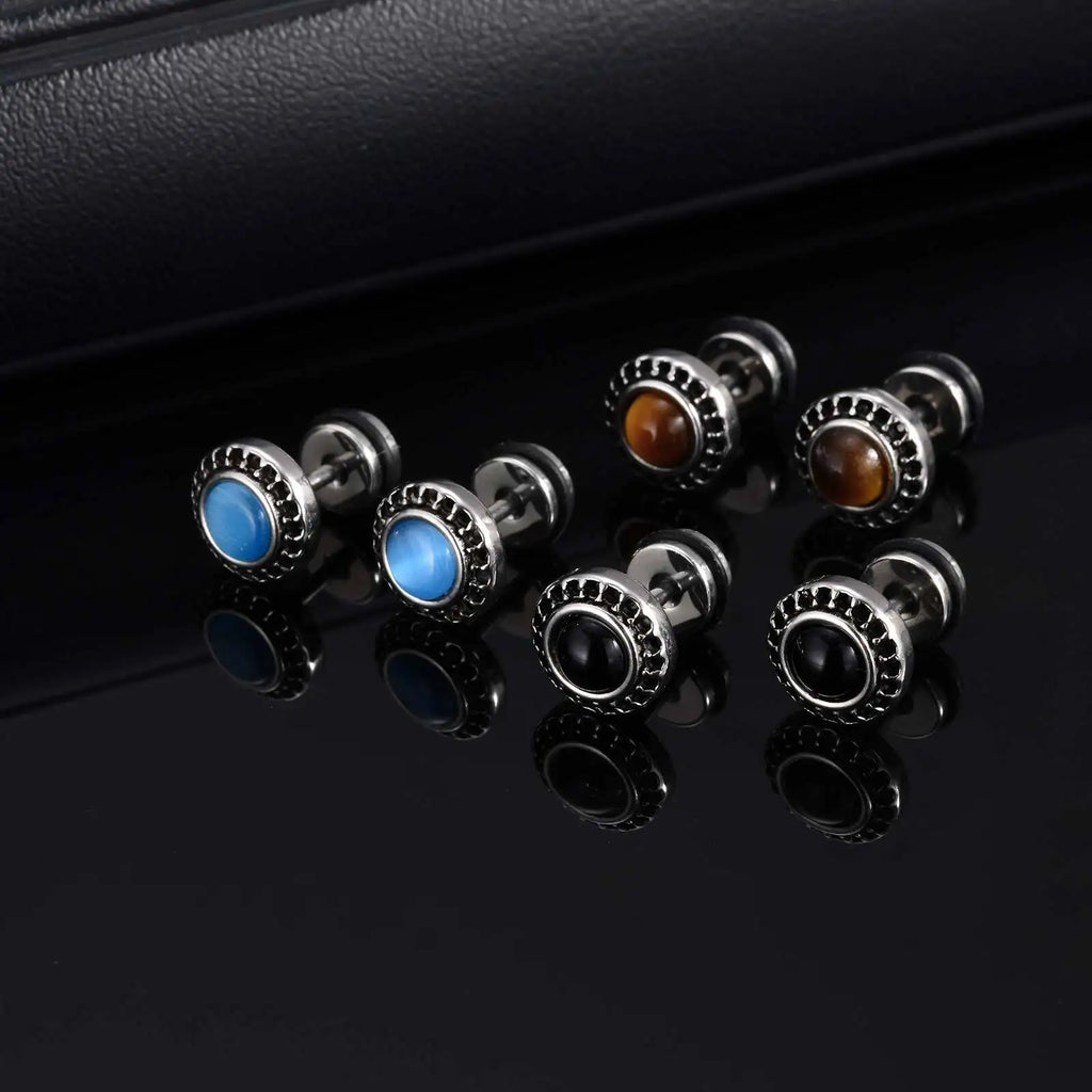 Men's Tiger Eye Stone Stud Earrings | Natural Gemstone Punk Earrings for Men