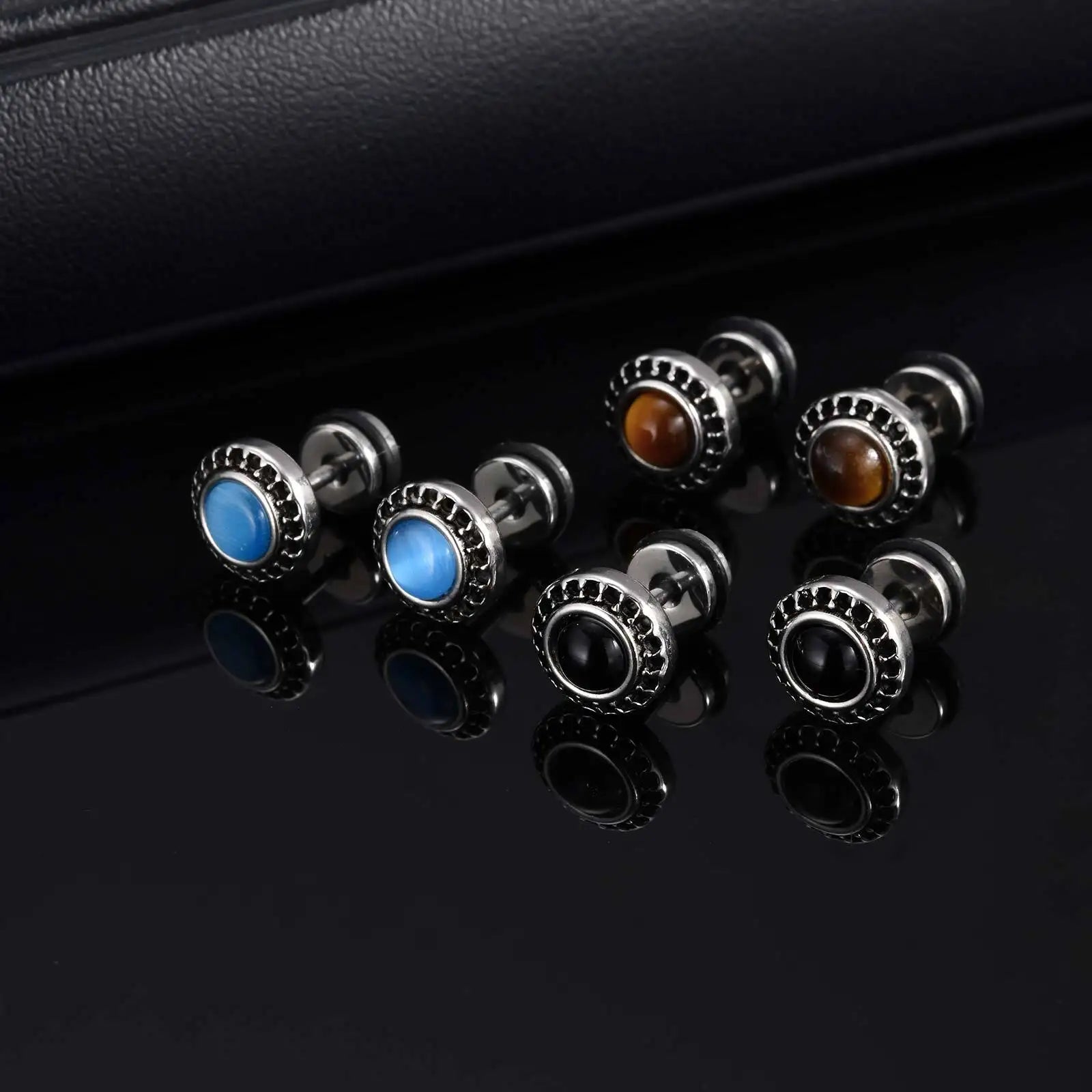 Men's Tiger Eye Stone Stud Earrings | Natural Gemstone Punk Earrings for Men