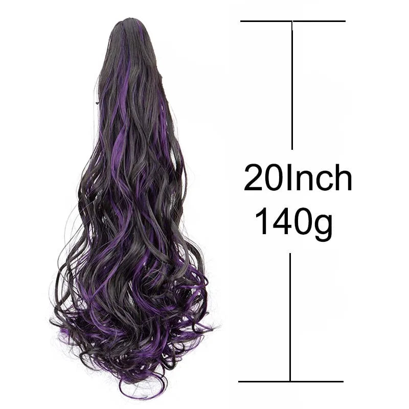 20 Inch Long Curly Ponytail Hair Extension | Mixed Red Purple Clip-In Hairpiece