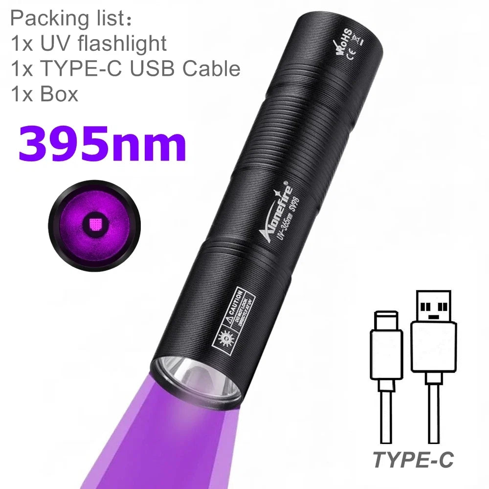 Mini 365nm UV Flashlight USB Rechargeable | Ultraviolet Nail Lamp Torch for Pet Urine, Scorpion, and Fluorescent Detection
