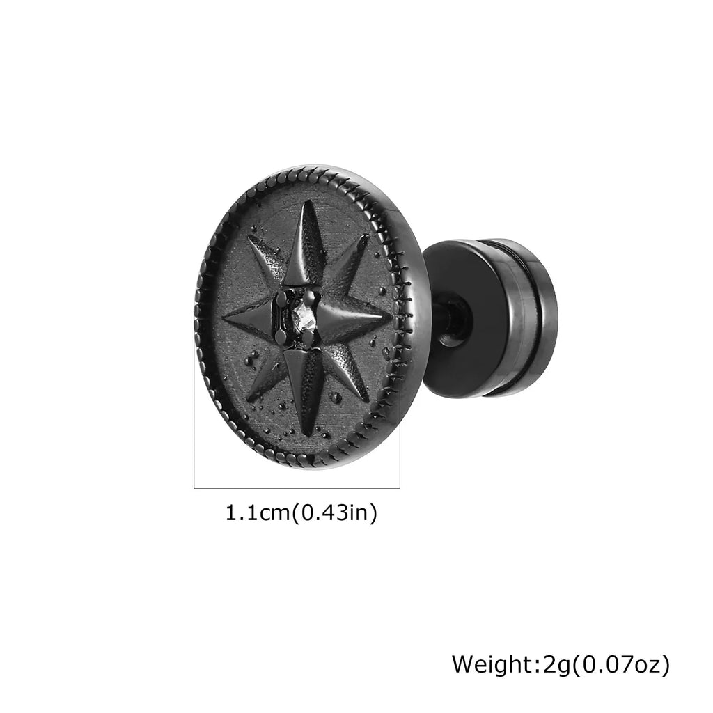 Black Compass Stud Earring for Men | Nautical Star with White Zircon