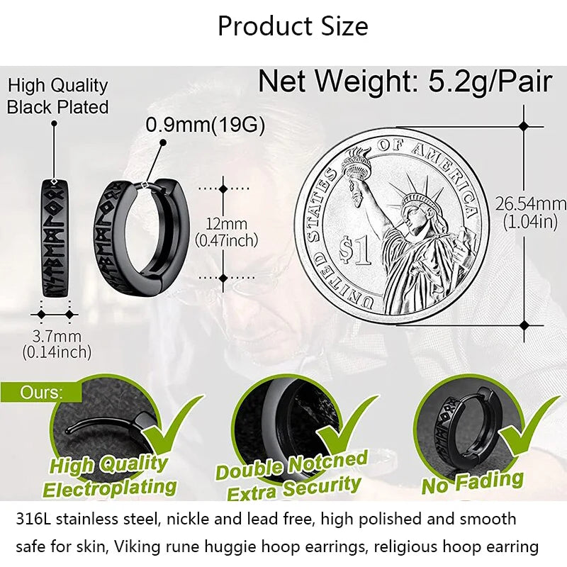 1Pair 12mm Norwegian Viking Rune Hoop Earrings | 316L Stainless Steel Huggie Hoop Earrings for Men and Women