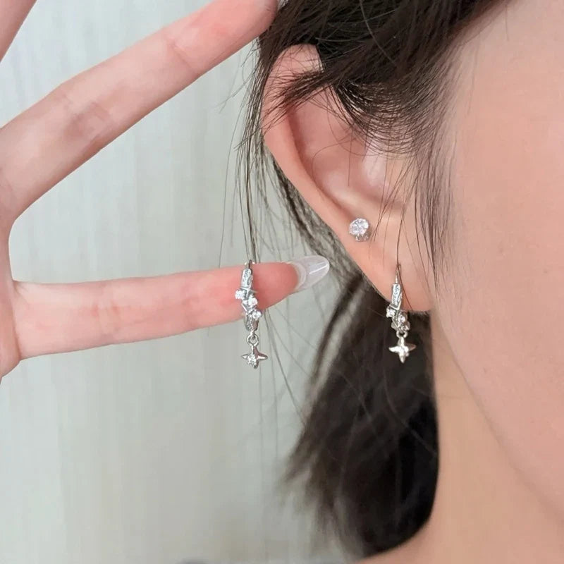 Metal Four Star Hoop Earrings for Women | Simple Zircon Geometric Circle Earrings