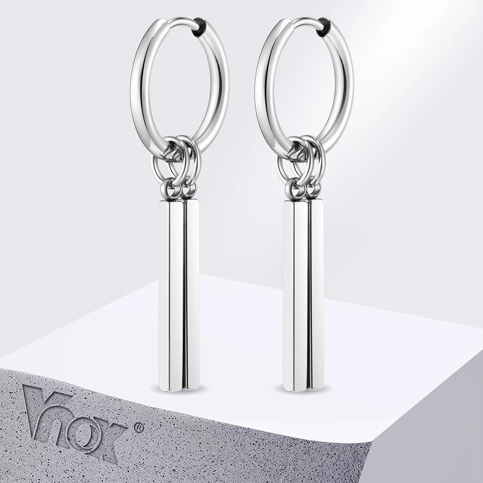 Vnox Punk Rock Geometric Bar Dangle Earrings | Stainless Steel Hoops for Men