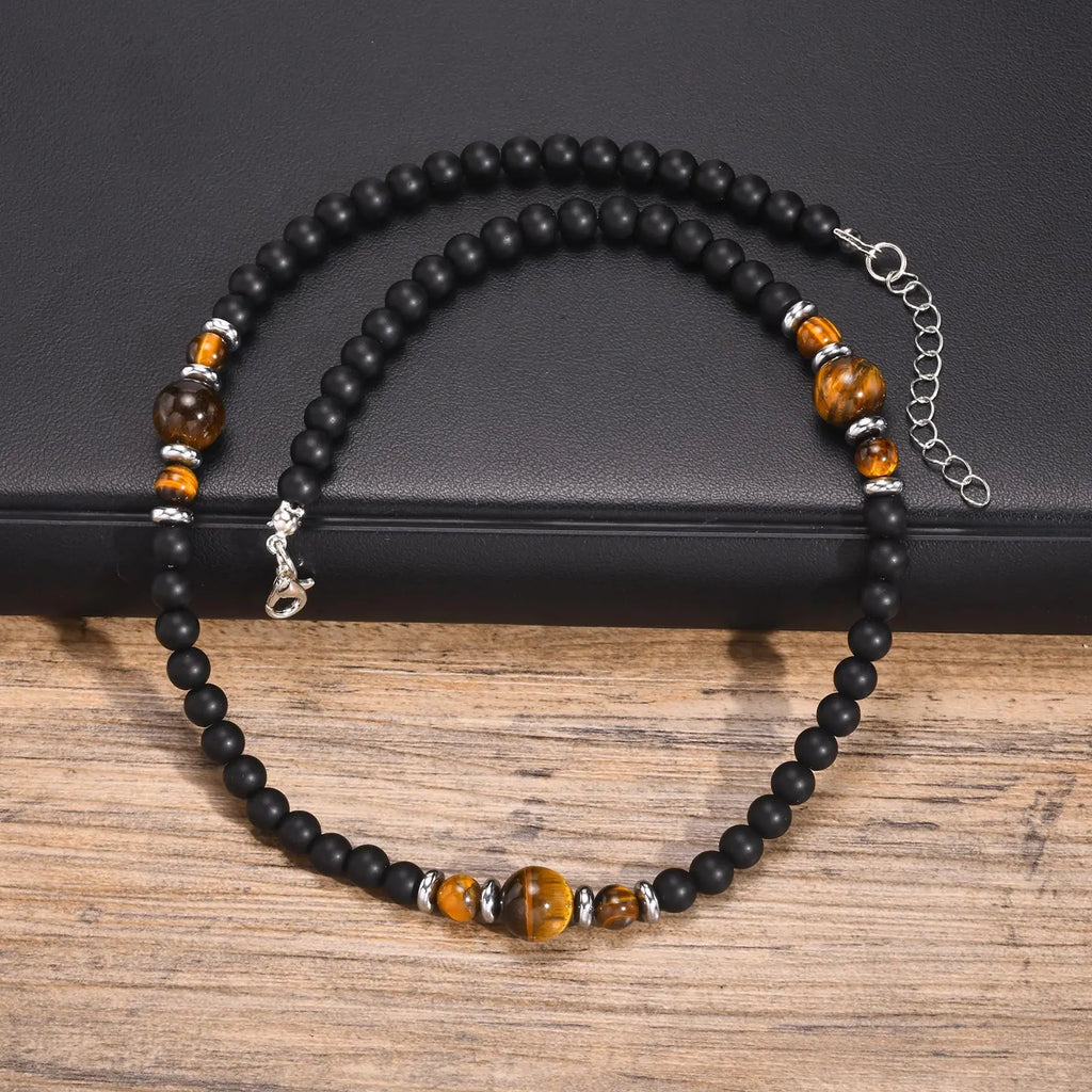 Casual Black Brown Beaded Necklace for Men | Summer Beach Tiger Eye Stone Jewelry