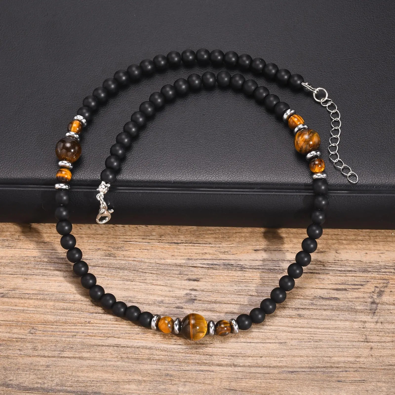 Casual Black Brown Beaded Necklace for Men | Summer Beach Tiger Eye Stone Jewelry
