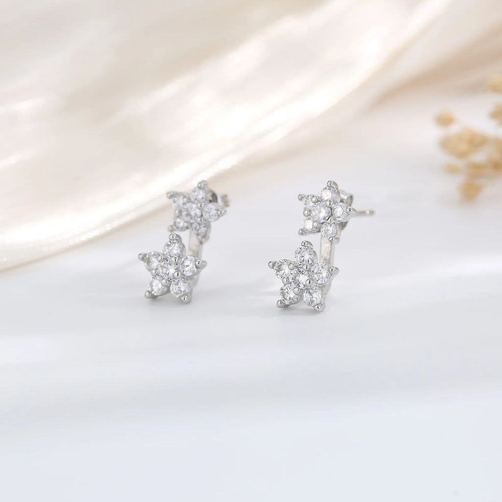 Double Flower Stud Earrings | Screw-Back Crystal Tragus Earrings for Women
