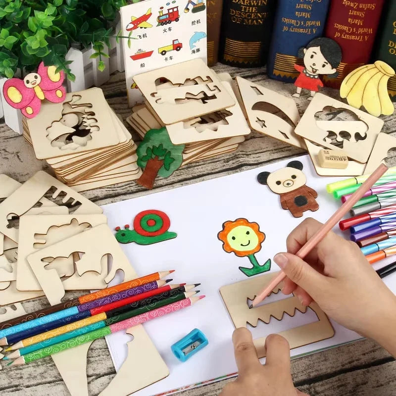 20pcs Montessori Kids Drawing Toys Wooden DIY Painting Template Stencils | Learning Educational Toys for Children