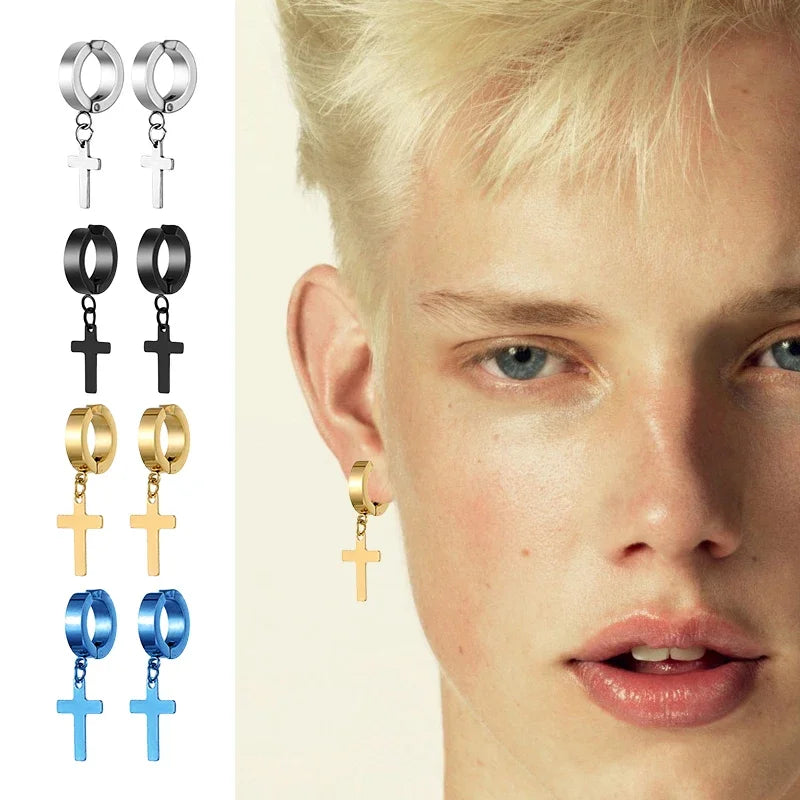 Stainless Steel Clip On Cross Earrings | Non Piercing Gothic Punk Jewelry for Men Women