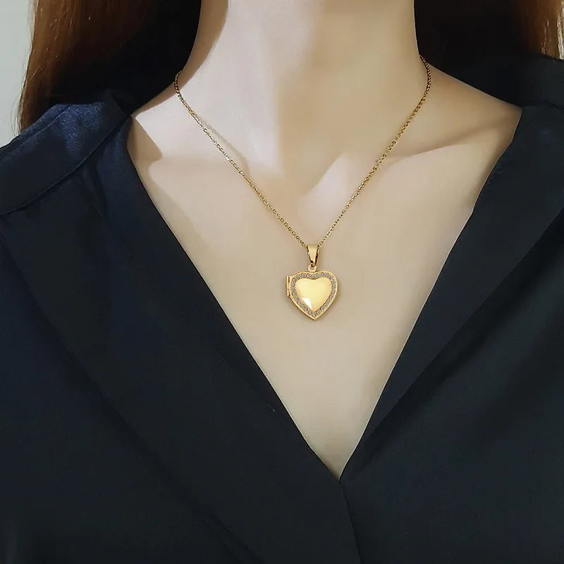 Gold Heart Locket Necklace with Photo Frame | Stainless Steel Jewelry for Women