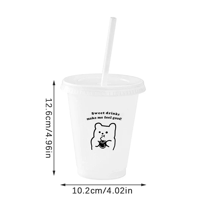 Kawaii Water Bottle for Coffee Juice Milk Tea | Cute Plastic Cold Cups with Straw Lid