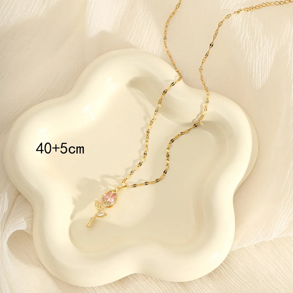 Elegant Pink Rose Flower Pendant Necklace | Light Luxury Zircon Jewelry Gift