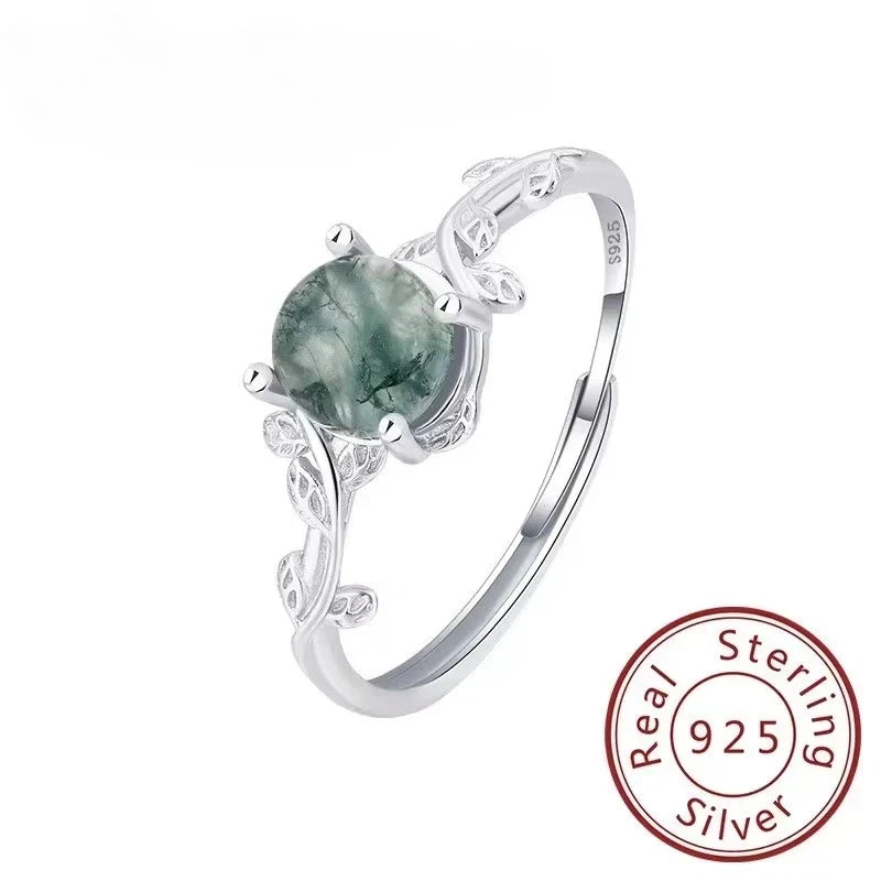 S925 Sterling Silver Green Moss Agate Ring | Classic Women's Wedding Band