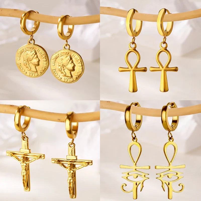 18K Gold Plated Portrait Coin Earrings | Stainless Steel Jesus Cross Dangle Huggie Earrings
