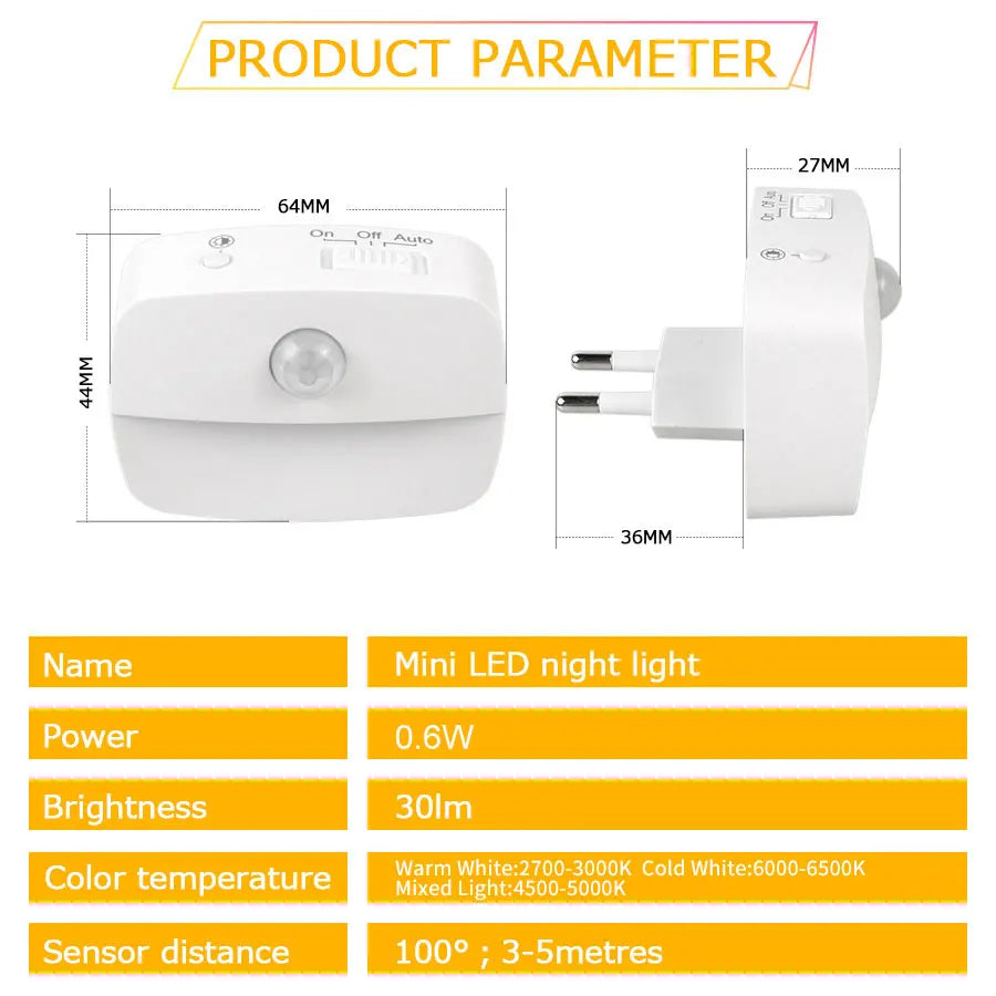 Smart Motion Sensor LED Night Light | EU Plug In 220V Wall Lamp for Hallway Kitchen Stair Bedroom