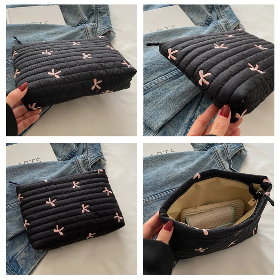 Large Capacity Embroidered Bow Cosmetic Case | Cute Zipper Makeup Bag