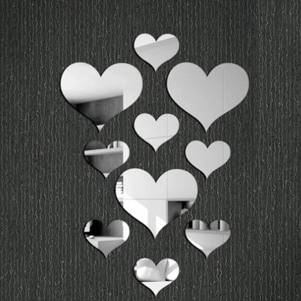 10Pcs Acrylic Love Heart Wall Stickers | Mirror 3D Decals for Home Decor