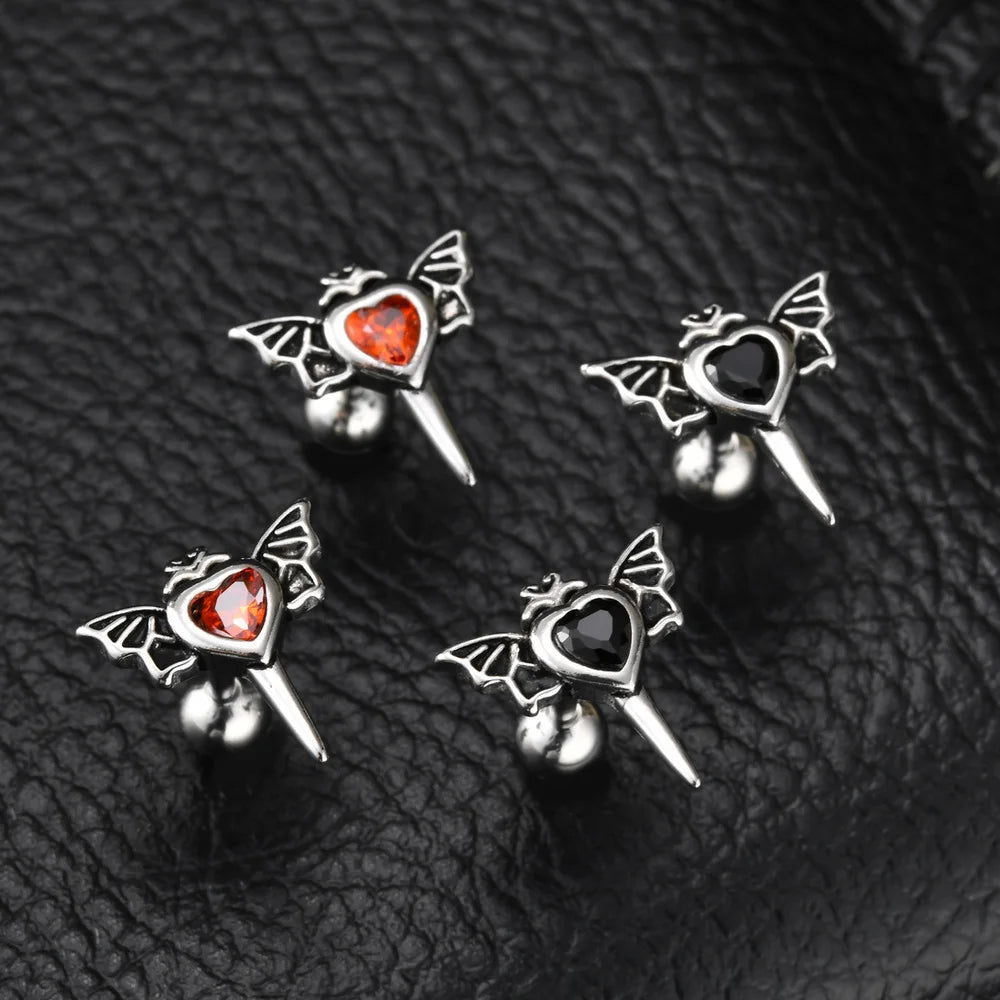 Stainless Steel Heart Zircon Wings Stud Earrings | Unisex Vintage Punk Gothic Jewelry