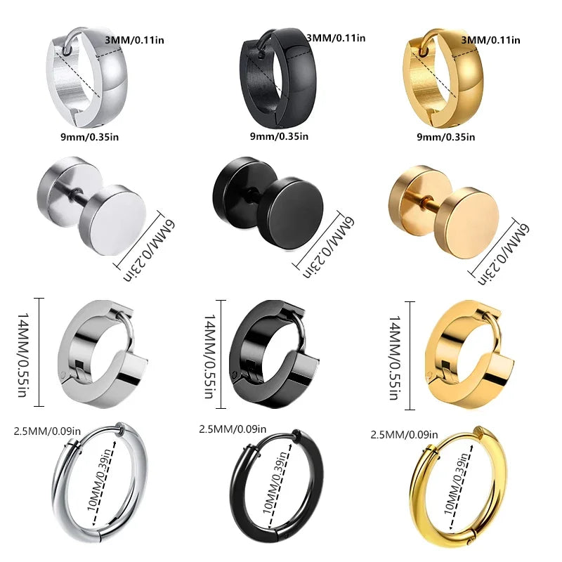 Unisex Punk Black Stainless Steel Hoop Earrings | Gothic Fake Earring Set