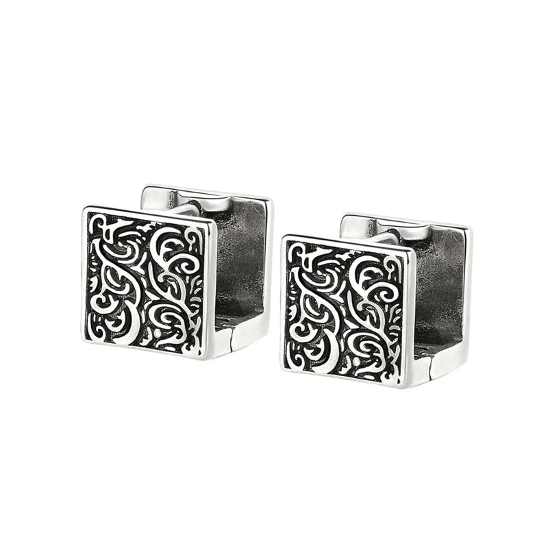 Vintage Ethnic Square Hoop Huggie Earrings | Unisex Geometric Silver-Tone Earrings