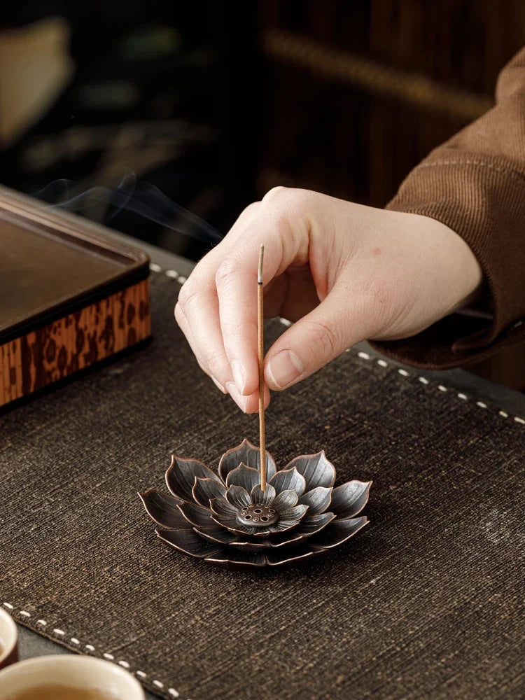 2in1 Alloy Incense Burner | Metal Sandalwood Stick Holder with Zen Lotus Design