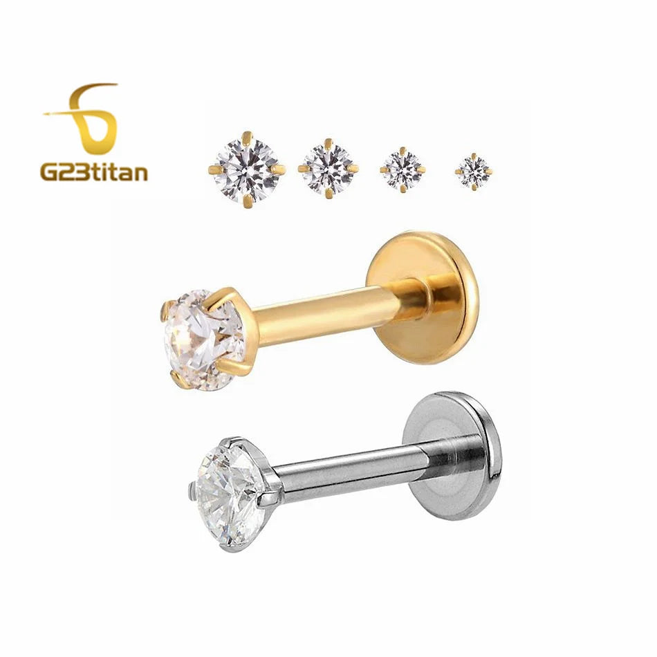 16G 18G Titanium Labret Stud Nose Ring | Zircon Internally Threaded Body Jewelry for Tragus and Helix