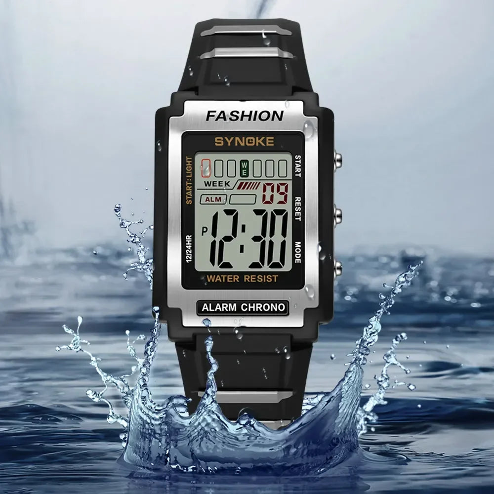 SYNOKE Men Rectangular Sports Electronic Watch | Waterproof 50M with Night Light and Alarm