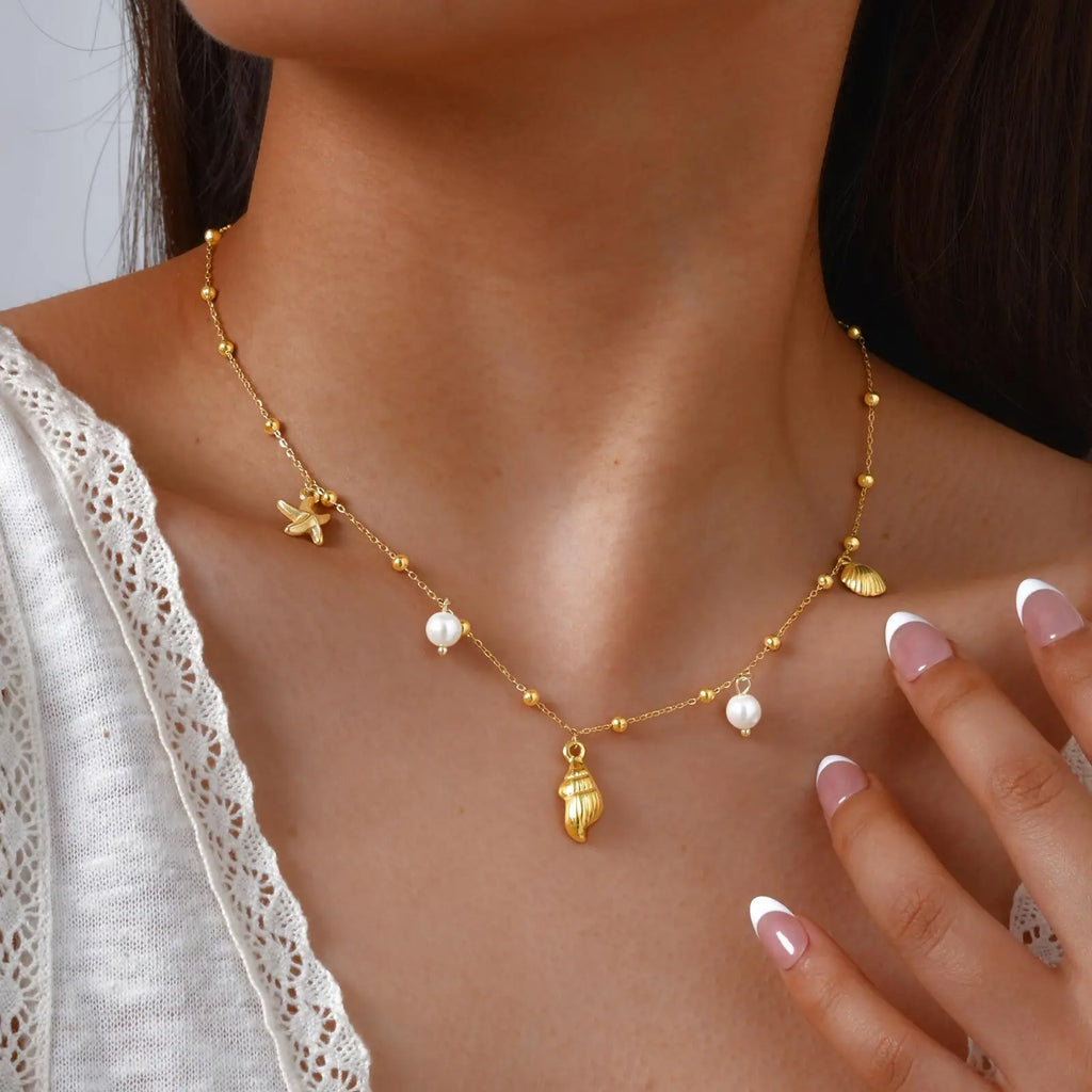 18k Gold Plated Pearl Shell Starfish Necklace | Summer Beach Jewelry for Women