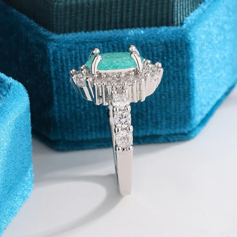 925 Silver Plated Paraiba Sapphire Oval Ring | Full Diamond Couple Band for Women
