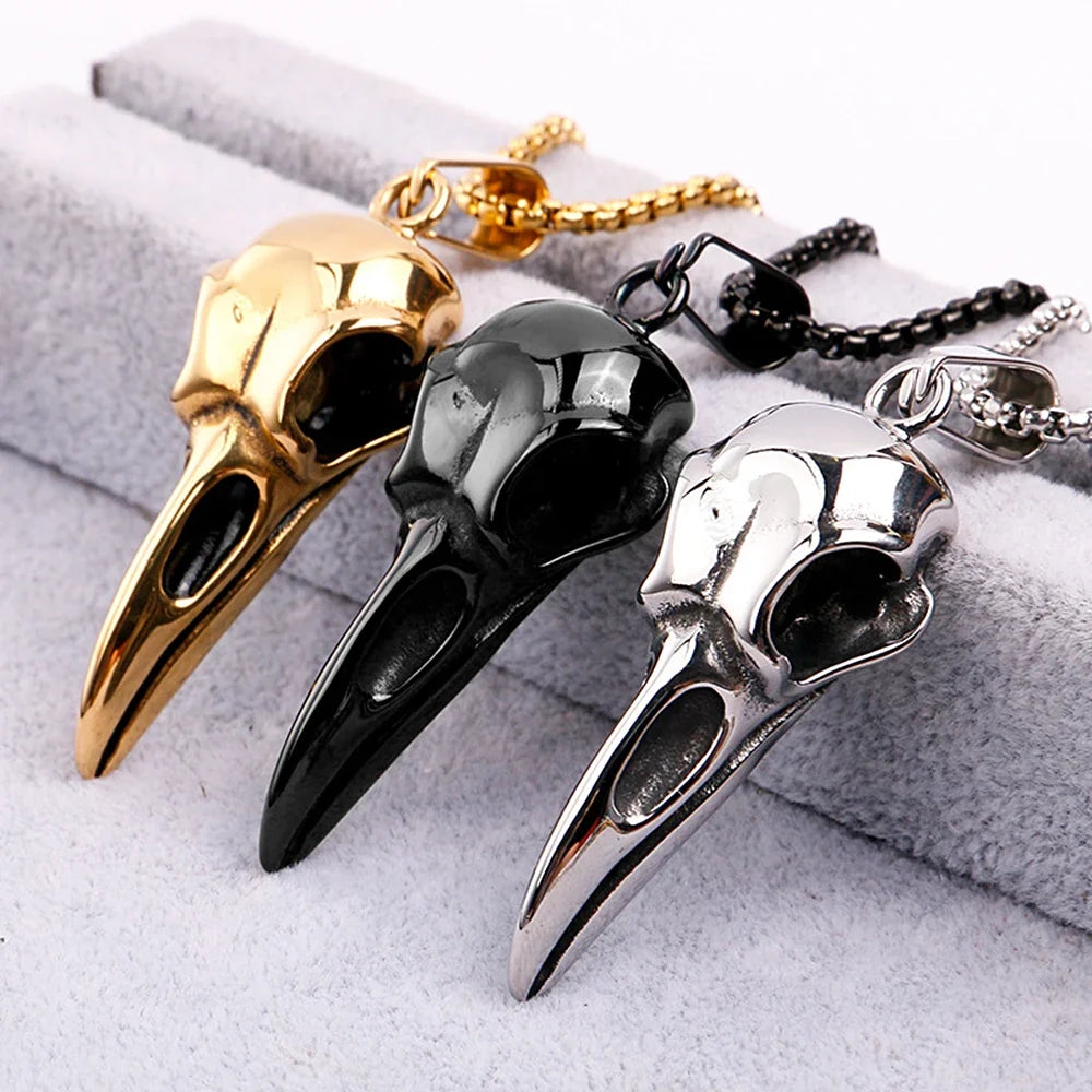 Viking Crow Skull Pendant Necklace | Stainless Steel Punk Jewelry for Men and Women