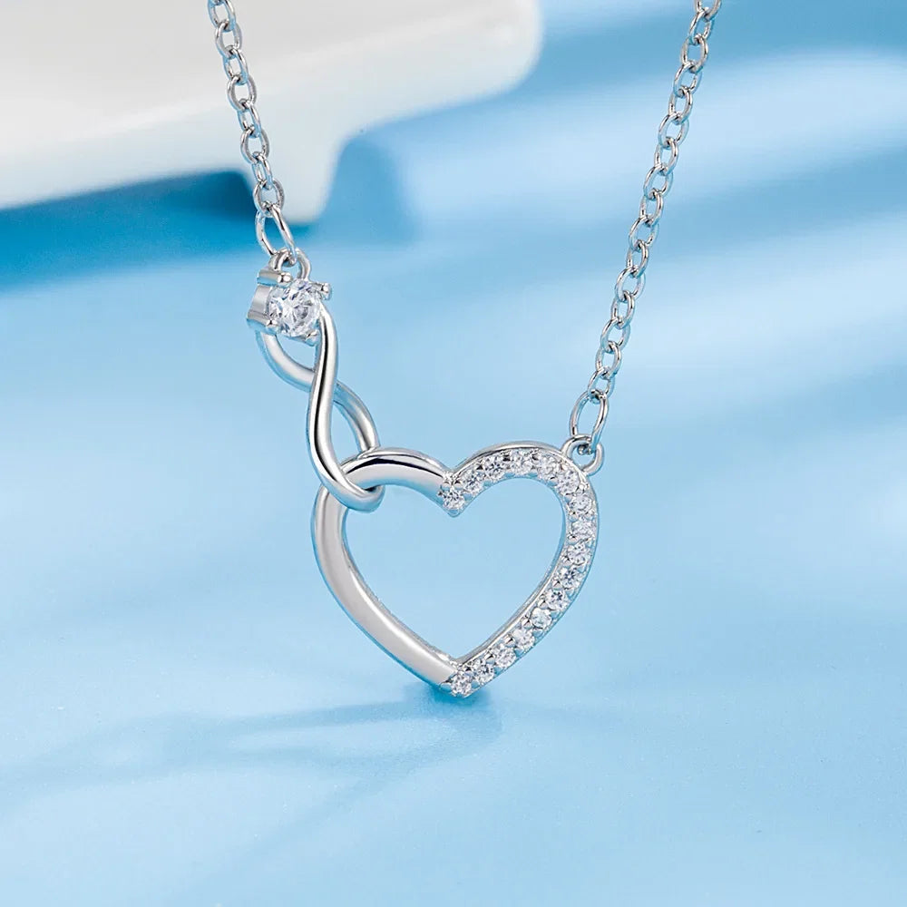 925 Sterling Silver Zircon Heart Interlocking Necklace | Retro Chain for Women
