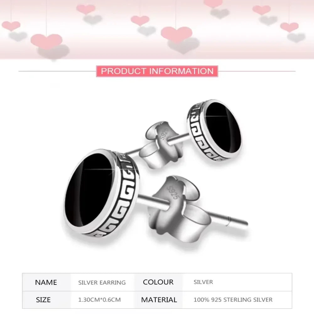 925 Silver Earrings Men Black Circle Single Simple Luxury Earring
