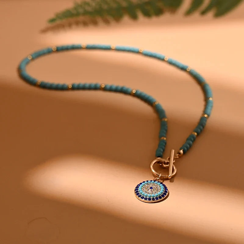 4mm Colorful Stone Choker Necklace for Women | Round Evil Charm Pendant