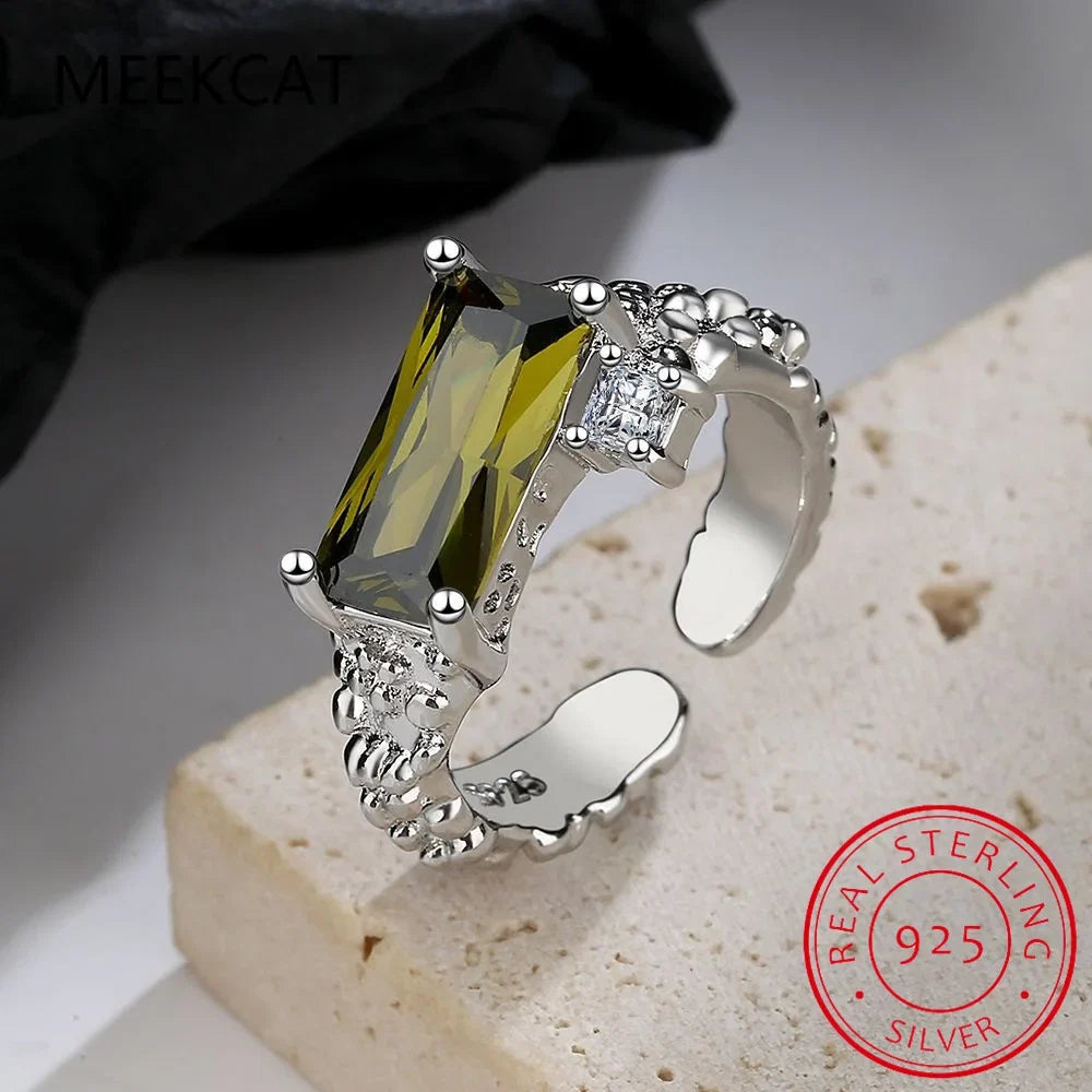 Emerald Cut Green Peridot Ring | 925 Sterling Silver Adjustable Statement Jewelry