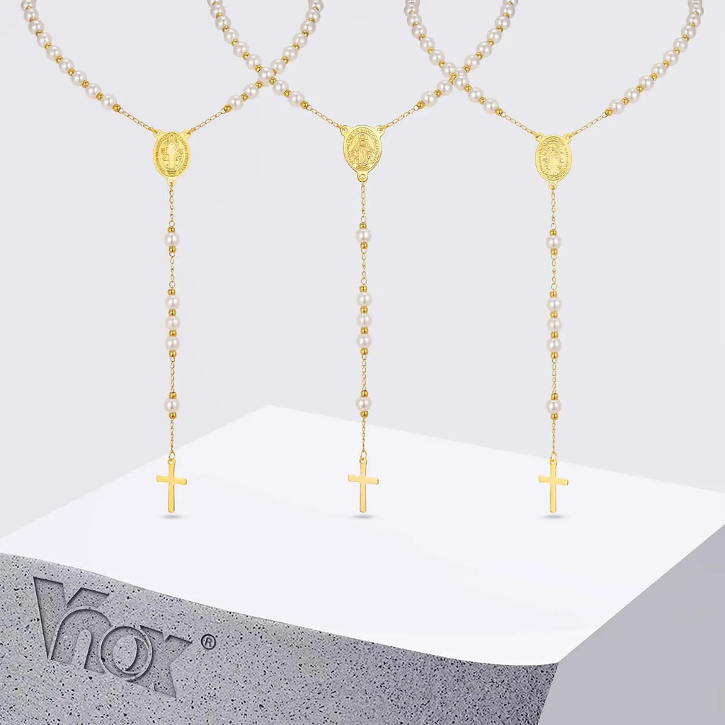 Vnox Pearl Rosary Beaded Necklace | Virgin Mary Religious Cross Jewelry for Women