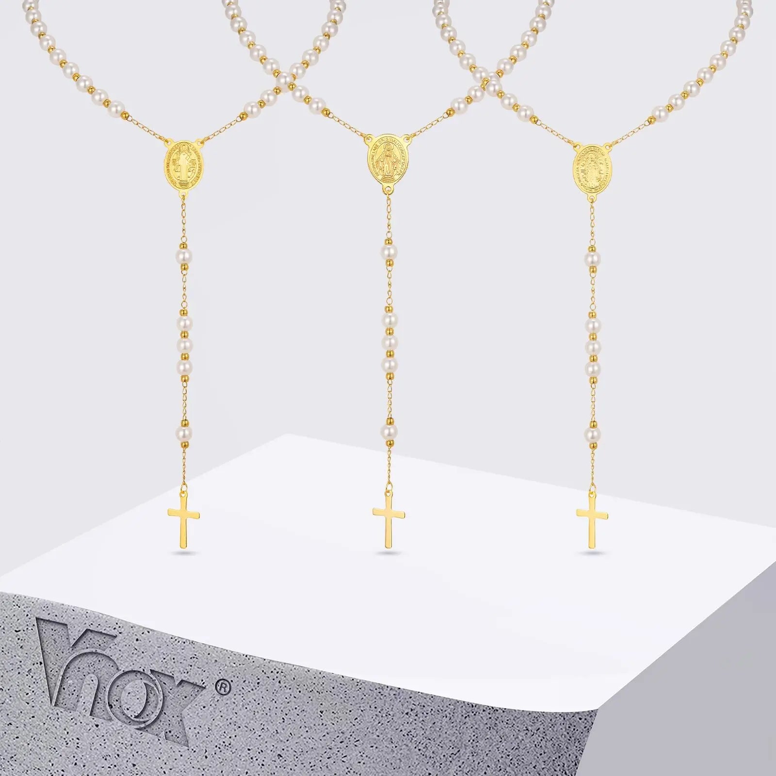 Vnox Pearl Rosary Beaded Necklace | Virgin Mary Religious Cross Jewelry for Women