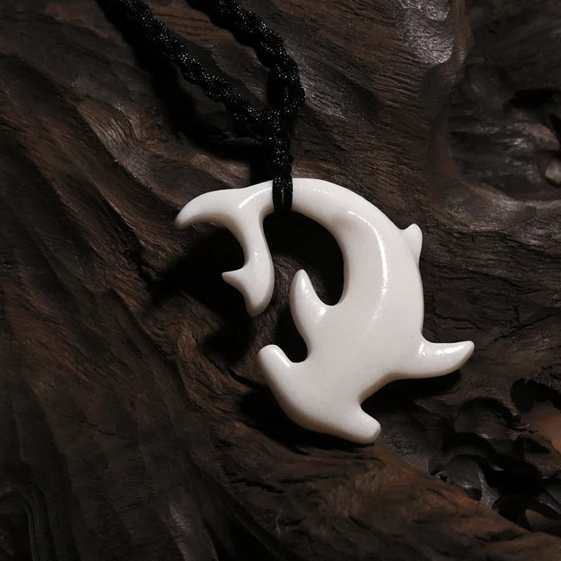 Tribal Hammerhead Shark Bone Pendant Necklace | Hand Carved Maori Amulet Jewelry