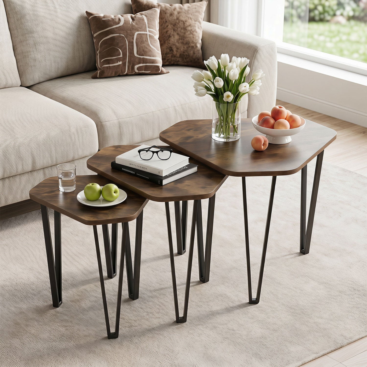 Nesting Coffee Tables Set of 3 with Metal Frame - Rustic Brown