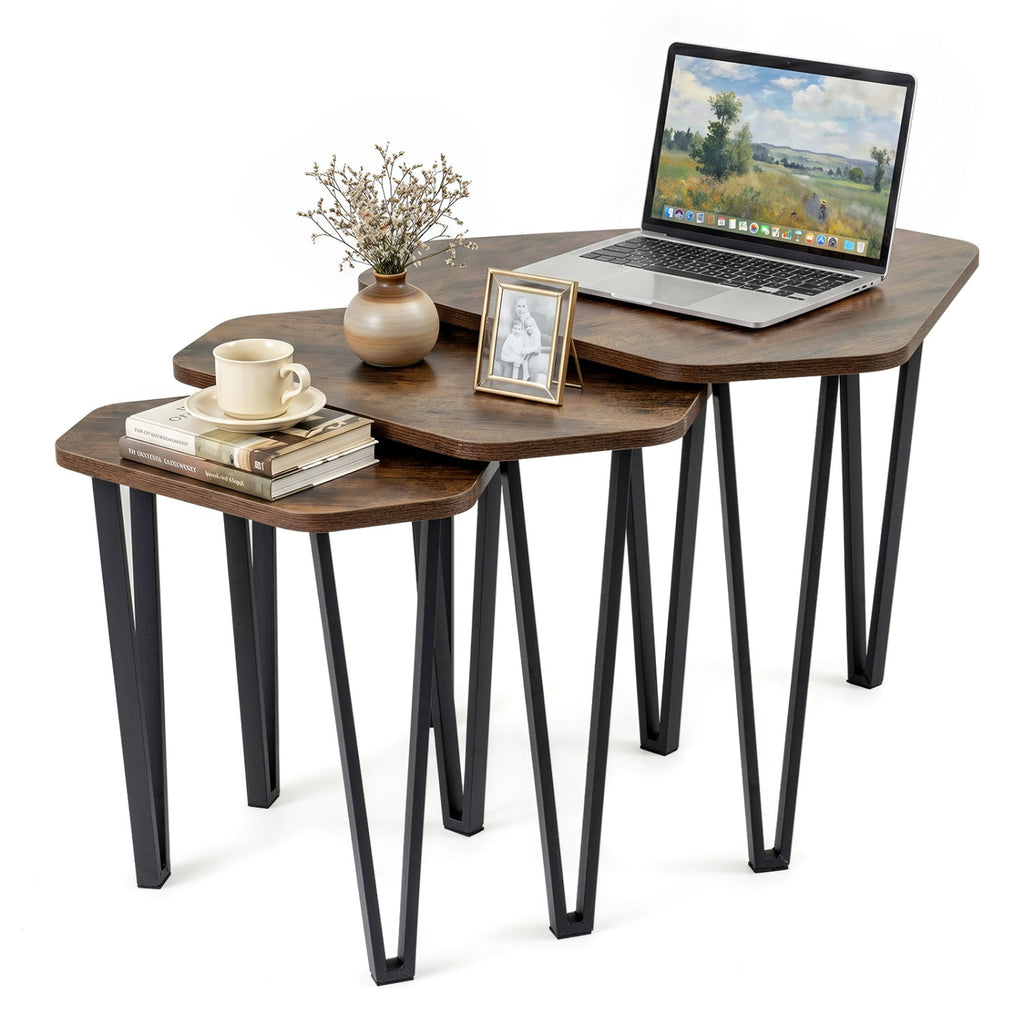 Nesting Coffee Tables Set of 3 with Metal Frame - Rustic Brown