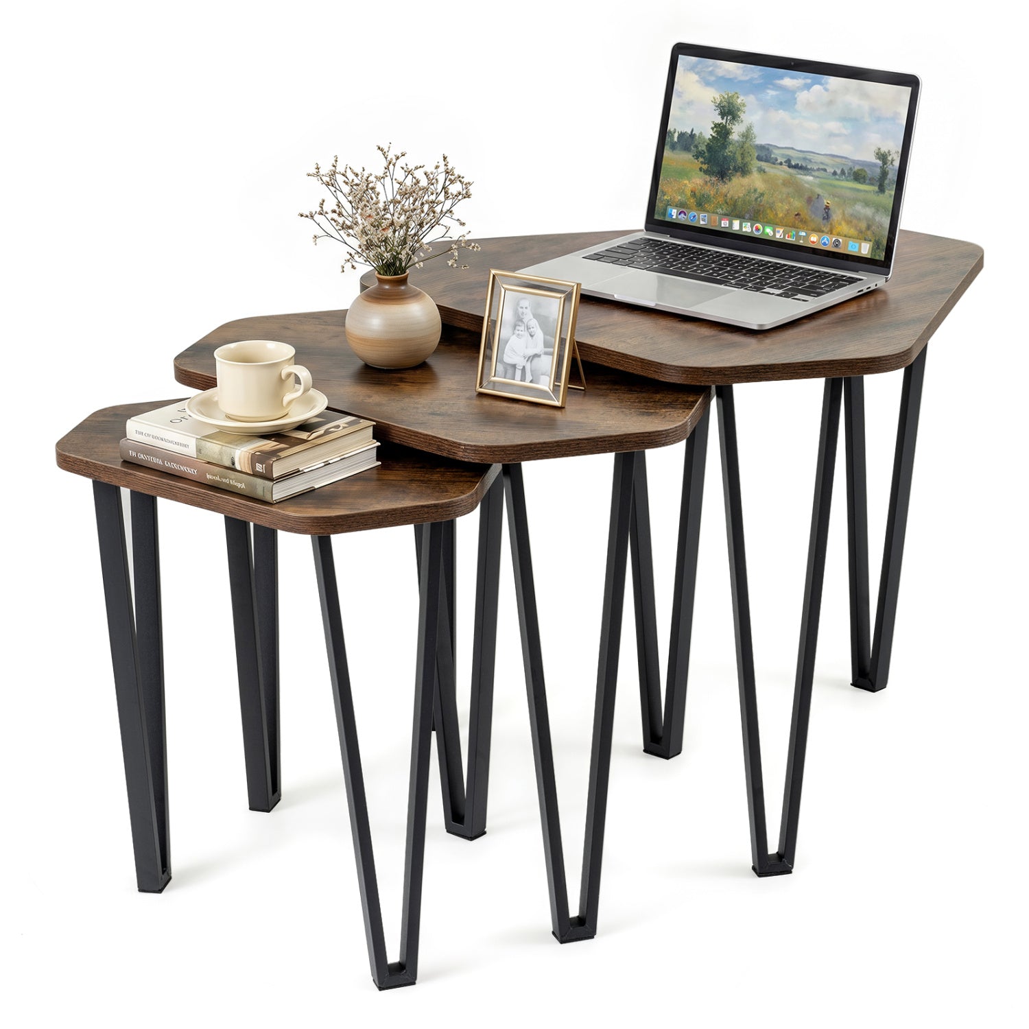 Nesting Coffee Tables Set of 3 with Metal Frame - Rustic Brown