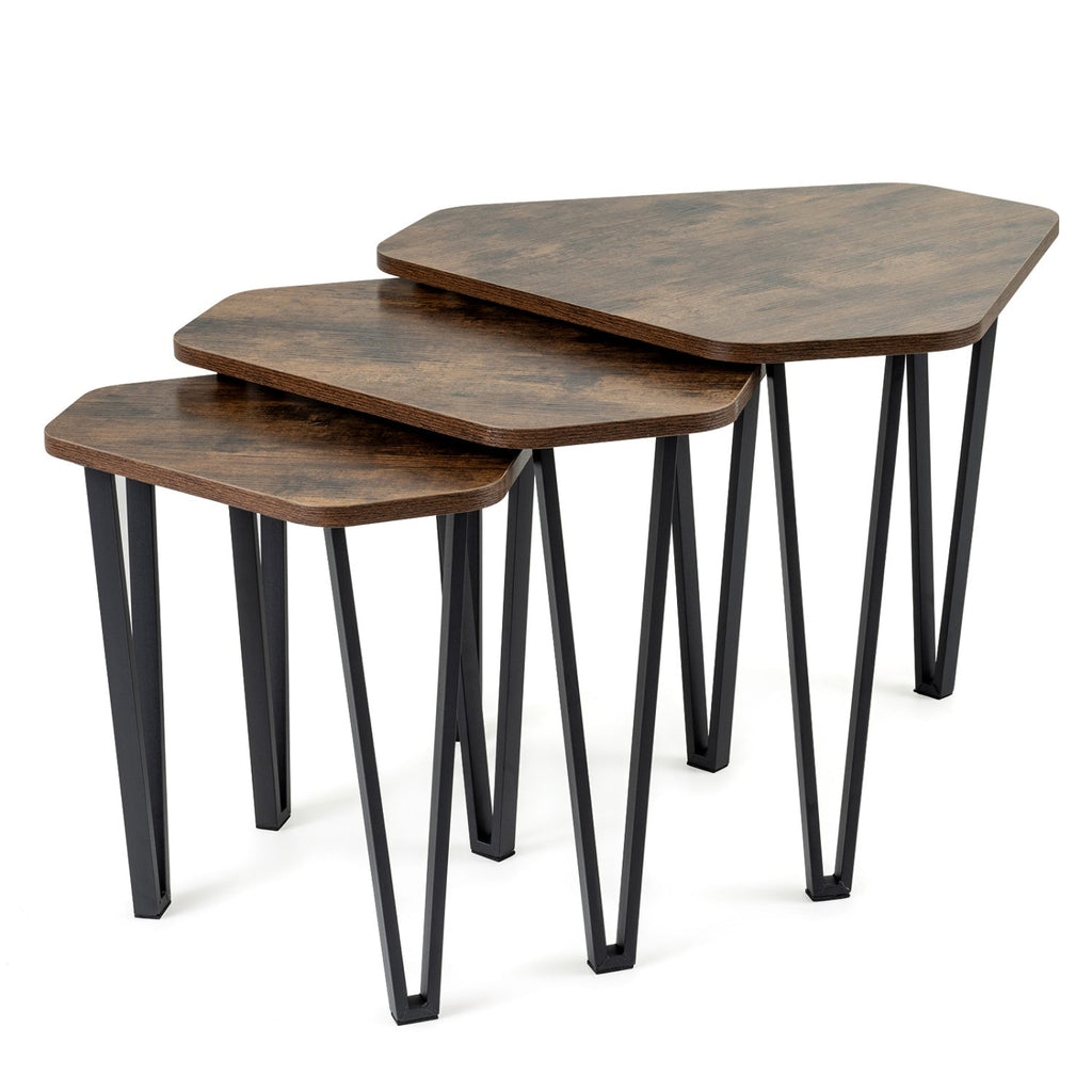 Nesting Coffee Tables Set of 3 with Metal Frame - Rustic Brown