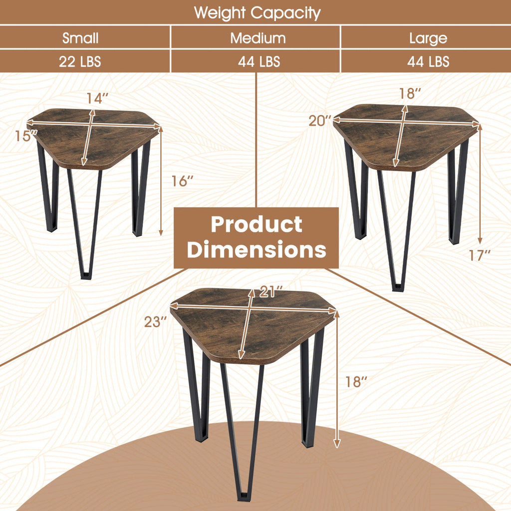 Nesting Coffee Tables Set of 3 with Metal Frame - Rustic Brown