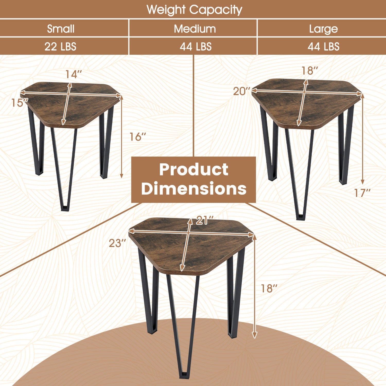 Nesting Coffee Tables Set of 3 with Metal Frame - Rustic Brown
